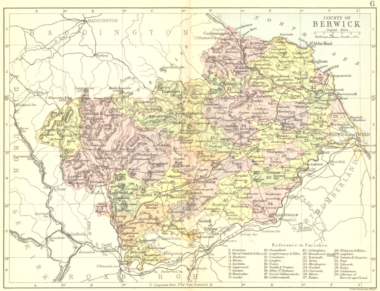 SCOTLAND. Berwick. Berwickshire. Philip 1891 old antique map plan chart